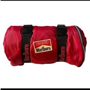 Vintage 1990s Marlboro Unlimited sleeping bag. Red plaid fleece camping promo